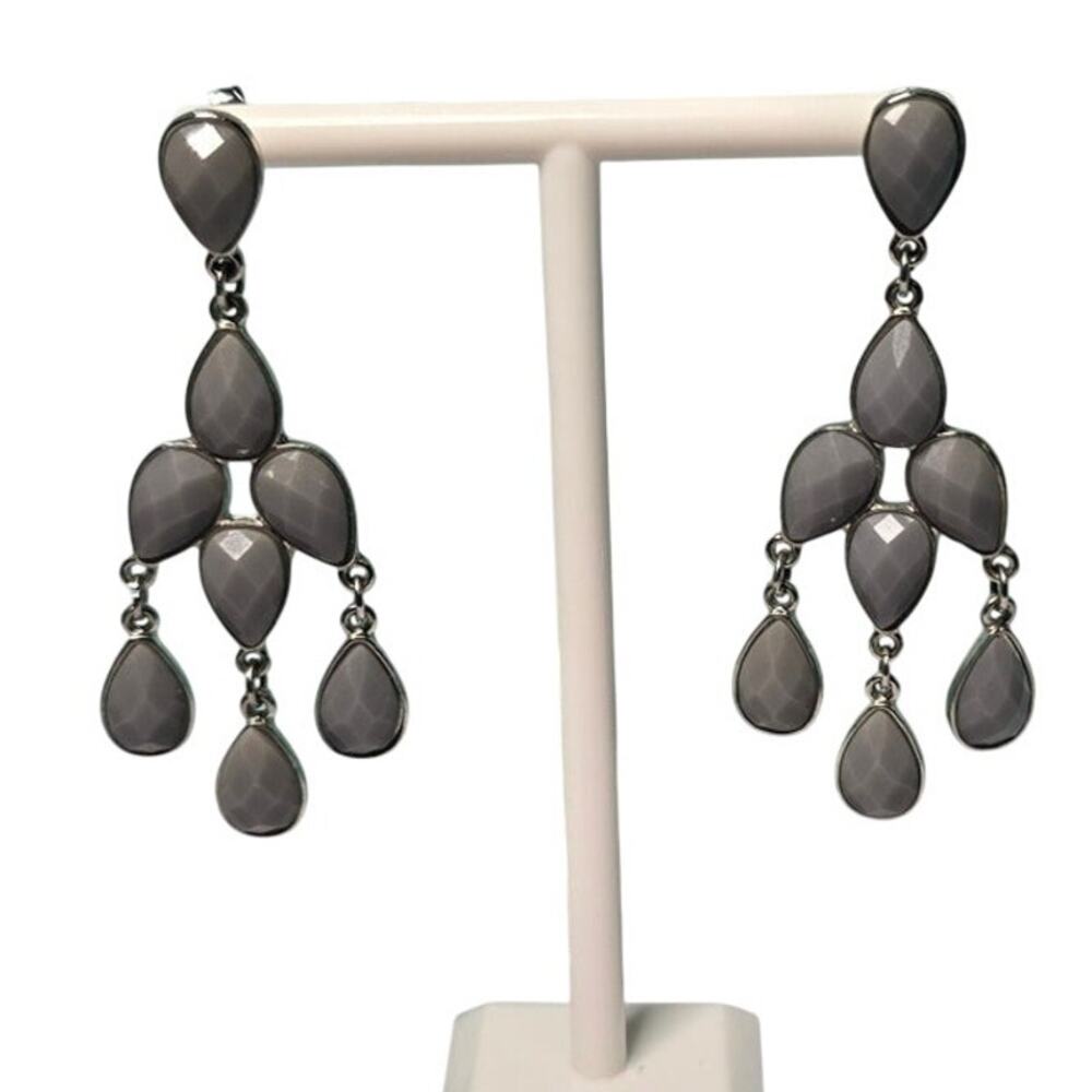 Gray Teardrop Chandelier Earrings Silver Tone Cascade Drop Statement